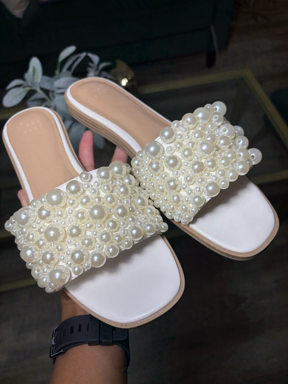 a new day Pearl-Embellished White Slide Sandals